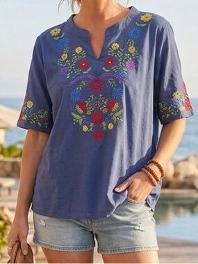 KOMILI Boho Floral Embroidered Tunic M Cottagecore Girlhoodcore Boho